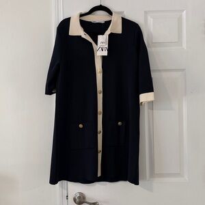 ZARA Navy and White Collar Button-Up Dress With Gold Buttons and Pockets Size M